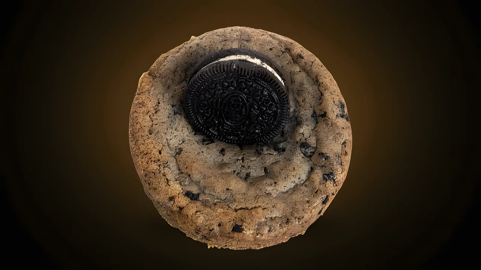 Cookie Oreo en gros plan, sur fond sombre et doré